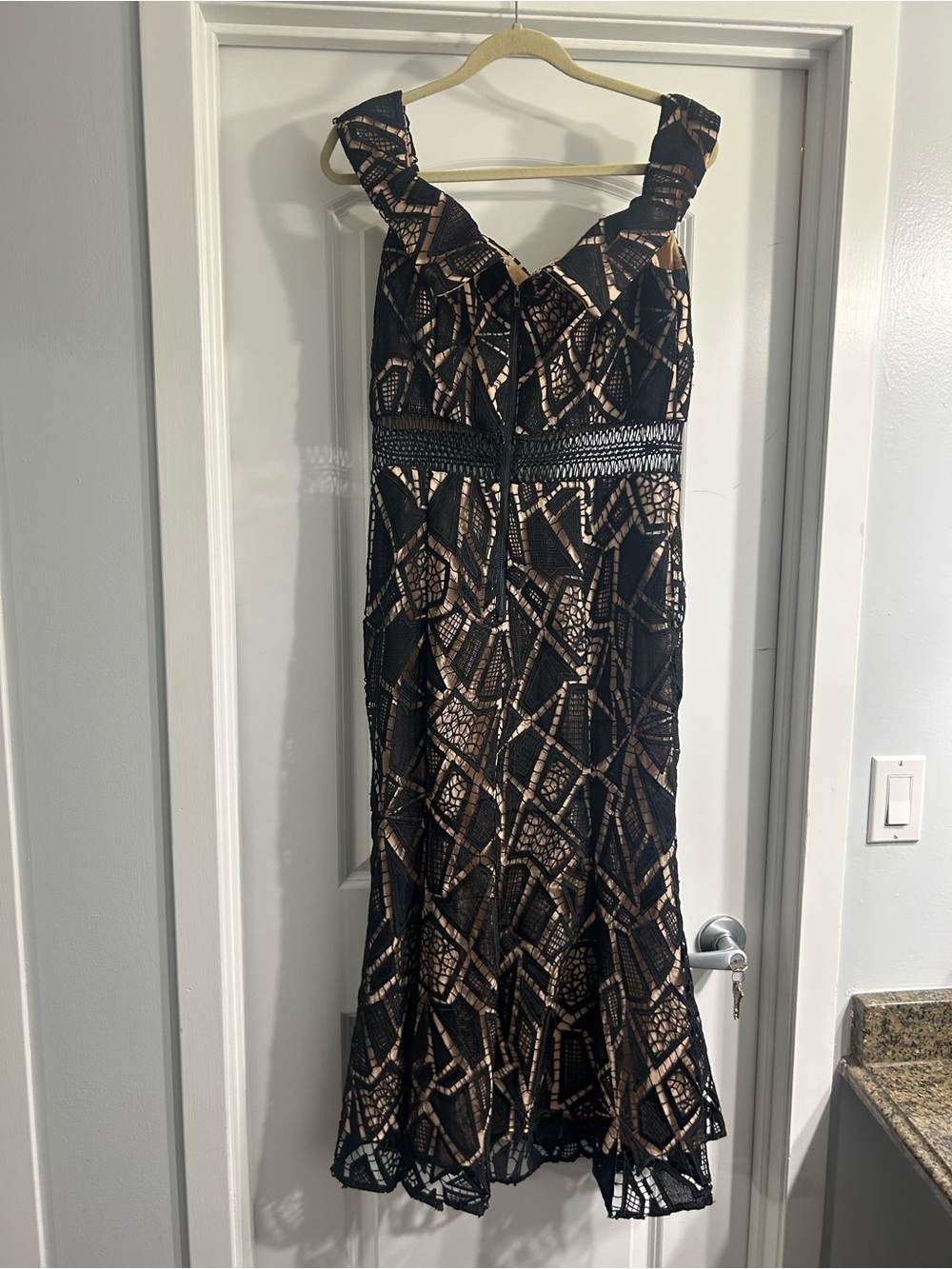 Black Lace Midi Dress with Nude Underlay
